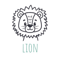funny lion, cartoon style. Flat animal. Doodle illustration of llion head for cards, magazins, banners. Vector