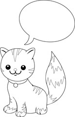 Cartoon cat with a speech bubble. Vector black and white coloring page.