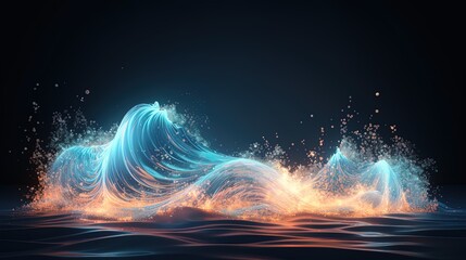 Neon wave, dark abstract background. AI generation