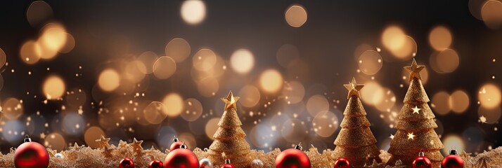 Christmas Tree With Baubles And Blurred Shiny Lights banner with text space - obrazy, fototapety, plakaty