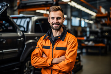 Obraz premium Auto mechanic with wrench in a car workshop 
