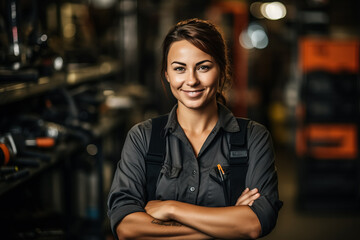 Portrait of a confident female mechanic with arms crossed in an auto repair shop 