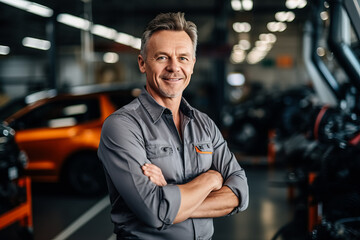 Obraz premium Portrait of a mature repairman with arms crossed in an auto repair shop 
