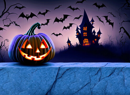 A single pumpkin scary evil looking halloween jach o lantern on the left side of a dark blue stone