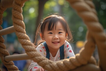 Asian smiling preschooler playing in a backyard playground, climbing on a jungle gym. Sunny outdoor space, child's physical activity and motor skills development. Generative AI