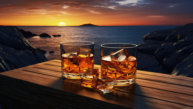glasses of Whisky on a table with beach sea and sunset in background