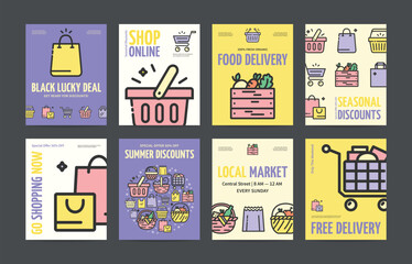 Online Shop and Food Delivery Vertical Placard Poster Banner Card Template Set. Vector illustration of Seasonal Discounts Ad - 635786244