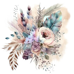 Boho Flower bouquet with feathers, floral arrangement watercolor illustration isolated with a transparent background, pastel blossom flowers design