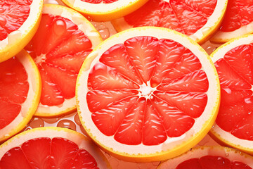 Fresh ripe red grapefruit slices pattern background. Close up