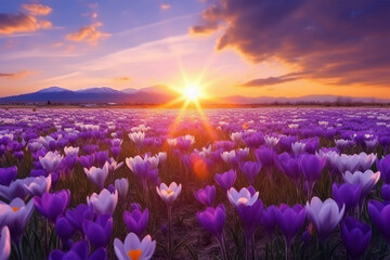 field of crocus flower at sunset