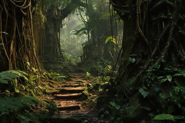 The allure of adventure captured, as an explorer's path winds through the dense underbrush of the vibrant jungle