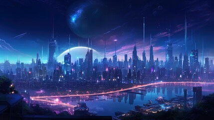 Panorama of the night city, neon light. AI generation