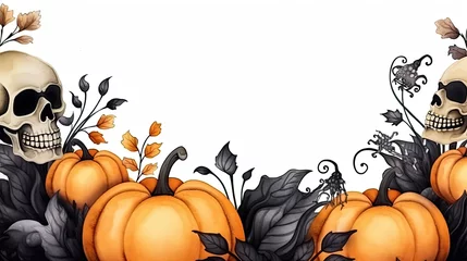 Behang Aquarel doodshoofd Watercolor Halloween background with bright pumpkins, flowers