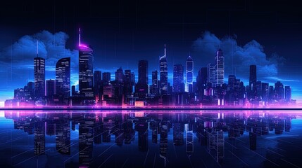 Panorama of the night city, neon light. AI generation