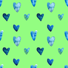 Fototapeta premium Seamless pattern of watercolor blue hearts. Hand drawn illustration. Hand painted elements on green background.