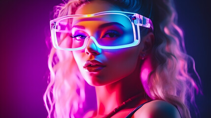 Beautiful female model wearing neon light glasses