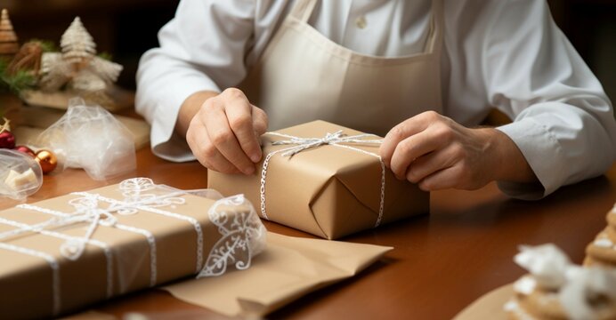 Delicate wrapping: Close-up reveals confectioner's hands carefully adorning cardboard box with finesse. Generative AI