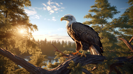 A bald eagle sitting on a branch of a tree in the deep jungle. - obrazy, fototapety, plakaty