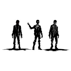 Zombie standing and walking.Silhouette style collection. Full lenght of people resurrected from the dead isolated on white.