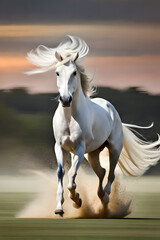 Obraz na płótnie Canvas the regal beauty of a white stallion galloping freely across a windswept field. Use a panning