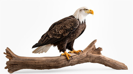 A bald eagle sitting on wooden branch