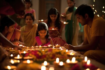 A family gathering for a traditional Diwali puja (prayer) ceremony, with lit diyas, flowers, and incense. The spiritual aspect of Diwali and the reverence for the occasion. Generative AI.