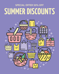 Summer Discounts Vertical Invitation Placard Poster Banner Card Template with Shopping Basket and Bag. Vector illustration