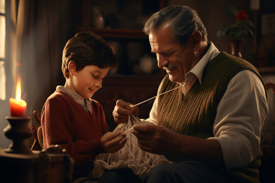 A Latino senior old man working on tangled up yarn with a young kid boy in a room
