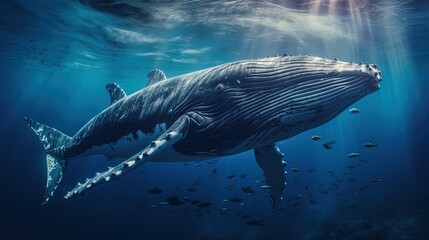 Big lonely whale in the depths of the sea. AI generation