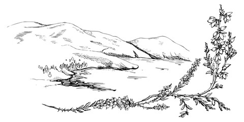 Ink hand drawn sketch vector illustration. Landscape scenery of highlands countryside nature. Hills, lake, heather. Horizontal banner composition. Design for travel, tourism, brochure, print, wall art