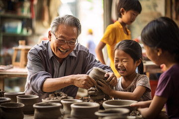 A senior Asian man in glasses teach young children making clay pottery in a local workshop happily