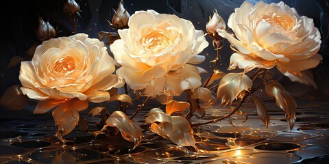 AI Generated. AI Generative. White roses golden ink pain draw canvas decoration background. Graphic Art