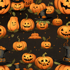 Seamless pattern smiling pumpkins in different sizes, each wearing a distinct accessory like a top hat, witch's hat, or a bat-winged collar, Generative AI tools