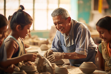Kids and senior latino man happily making pottery in clay workshop in an indoor at sunny day