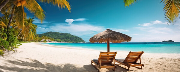 Sun loungers on a tropical palm beach with white sand on background of turquoise ocean. Copy space