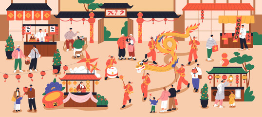 Chinese New Year celebration at fair, festival on city street. People celebrating Asian lunar holiday in China town with oriental lanterns decoration, dragon, market stalls. Flat vector illustration - obrazy, fototapety, plakaty