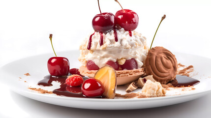 Isolated ice cream dessert including cookies, meringue, cherry. Generative AI technology.