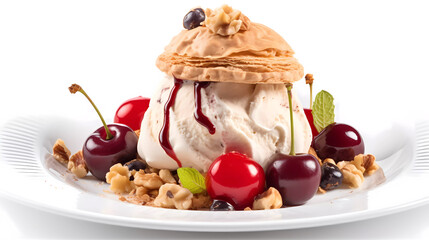 Isolated ice cream dessert including cookies, meringue, cherry. Generative AI technology.