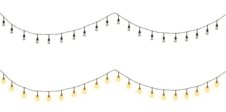 Isolated Christmas garland on a transparent background. Shining yellow light bulbs with sparkles. Suitable for Xmas, New Year, wedding, or birthday decorations. Perfect for party event decor. PNG