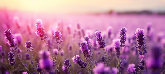 Lavender field at sunset background. Generative AI technology.