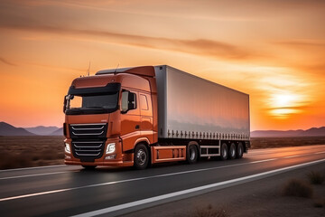 Loaded European truck on motorway in red, orange sunset light. On the road transportation and cargo.