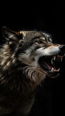 Close-up portrait of a wolf howling on a black background