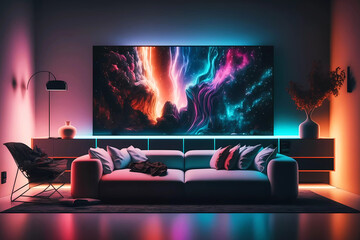 Modern living room with neon lights and television. Generative ai design concept.