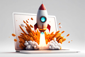 Rocket coming out of laptop screen. Generative ai design.