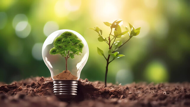 Tree grwoing in light bulb in nature. Generative ai design.