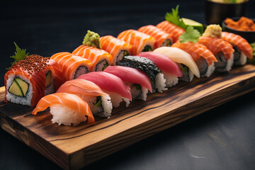 Several types of sushi on a wooden tray