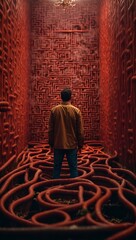 A man navigating a labyrinth in a vibrant red room