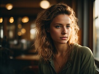 Fototapeta premium A woman with a contemplative expression gazing out of a window
