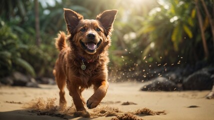 A lively brown dog running on a beautiful sandy beach