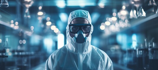 Fototapeta premium Scientist wearing full protective mask working on research at blurred laboratory background. Generative AI technology.